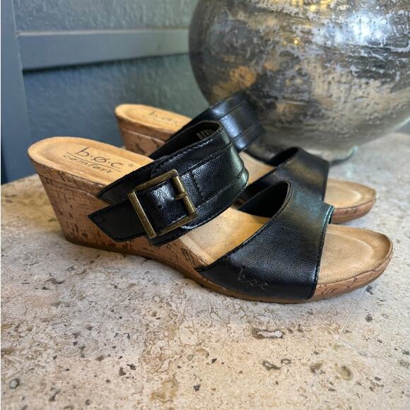 BOC Comfort Womens Black Cork Wedge Slip On Sandal Size 6M Vegan Leather - Picture 1 of 8